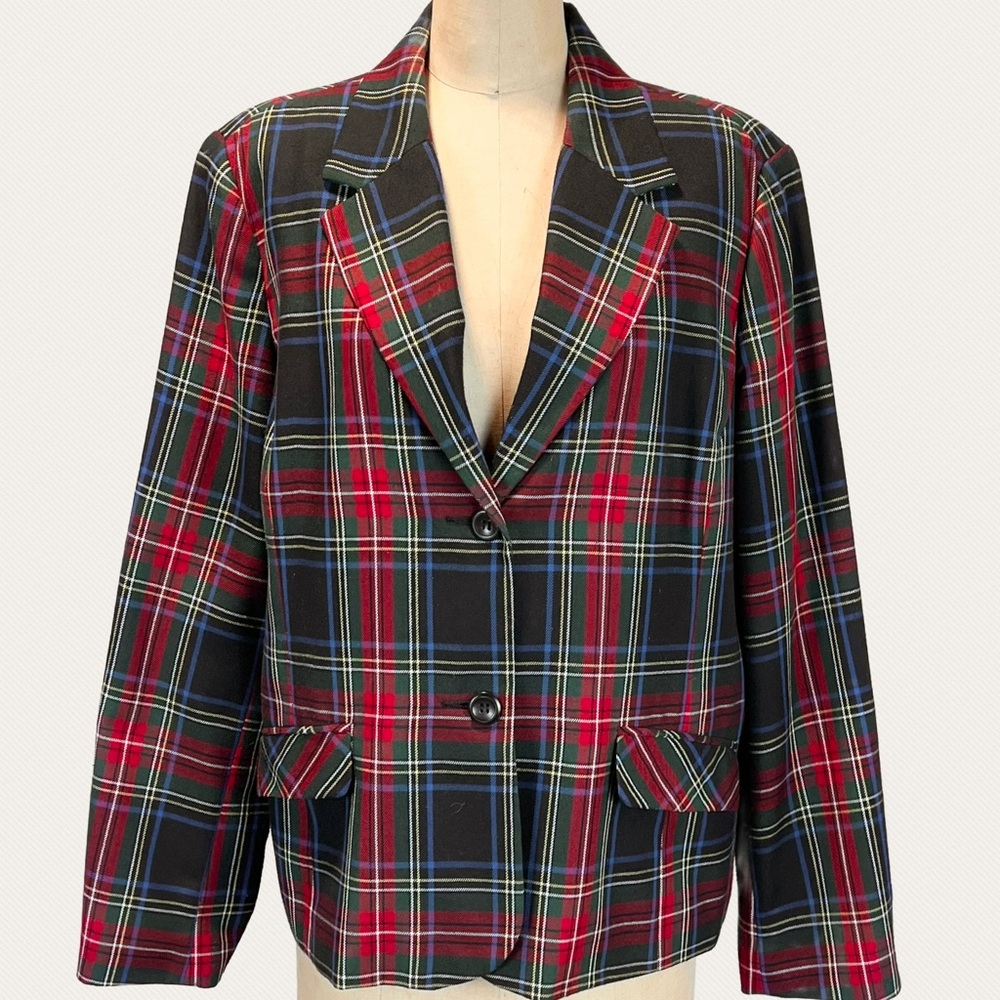 VINTAGE tartan plaid women’s blazer suit jacket coat button front collar lapel